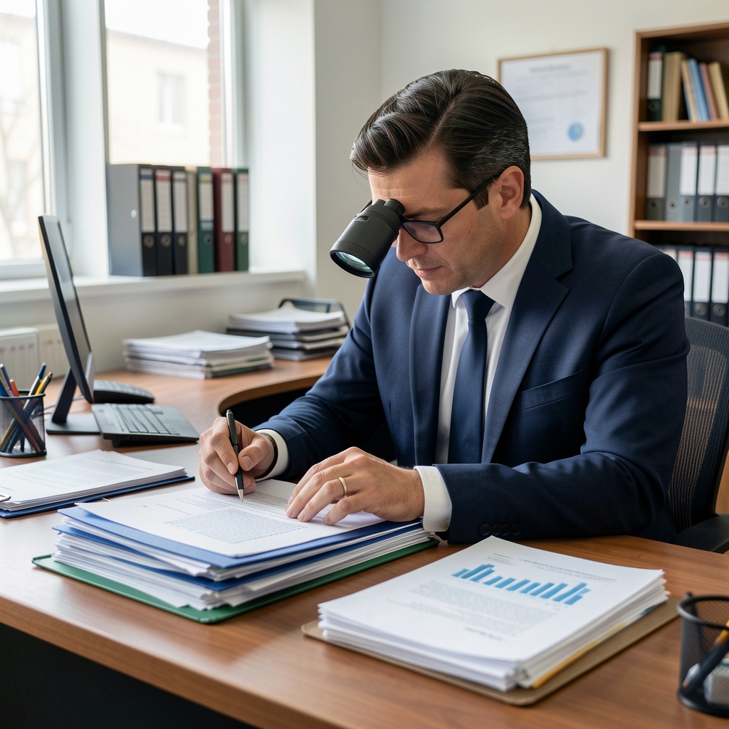 Auditor revisando carpetas de documentos financieros con lupa sobre una mesa de oficina