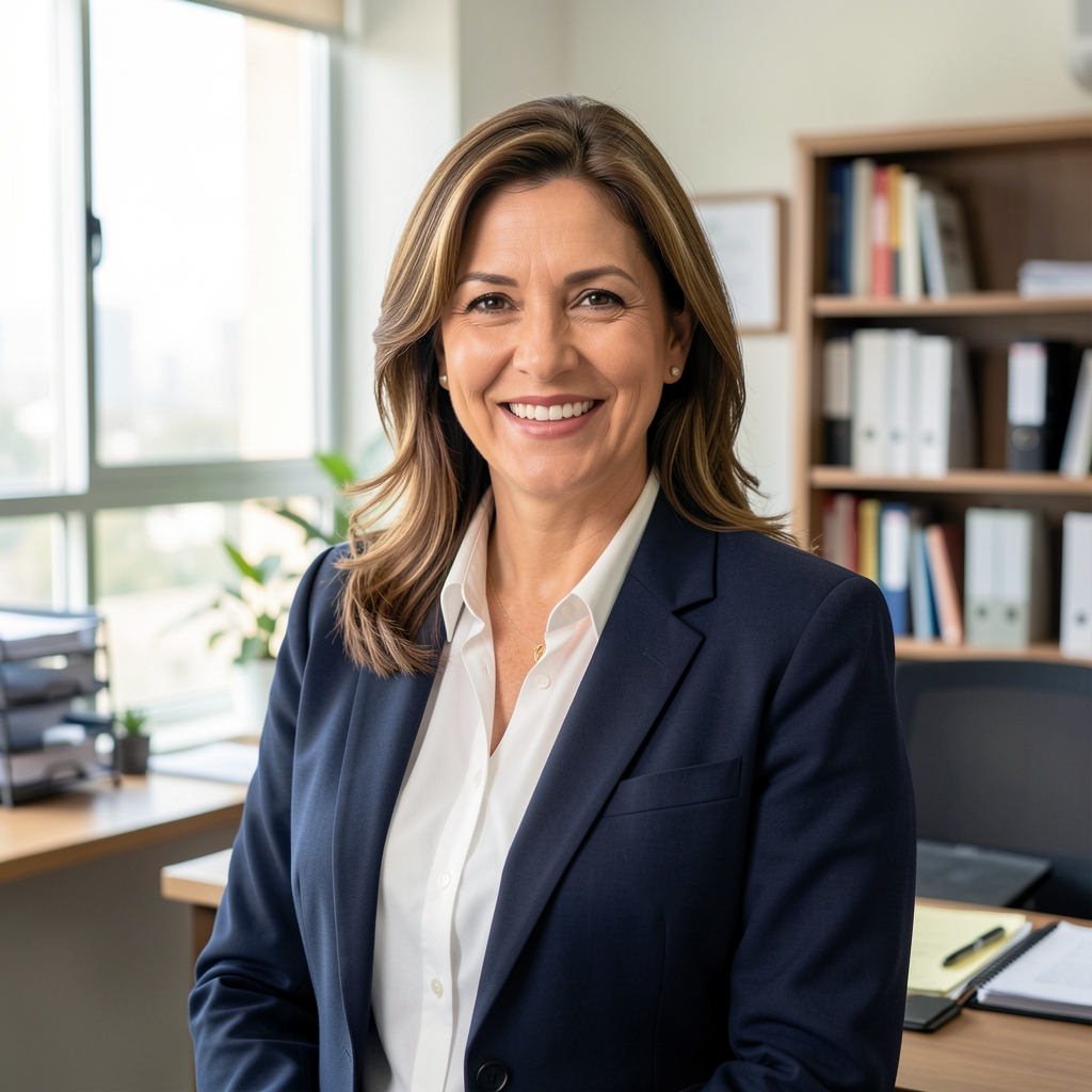 Retrato profesional de una contadora pública argentina de mediana edad sonriendo en oficina