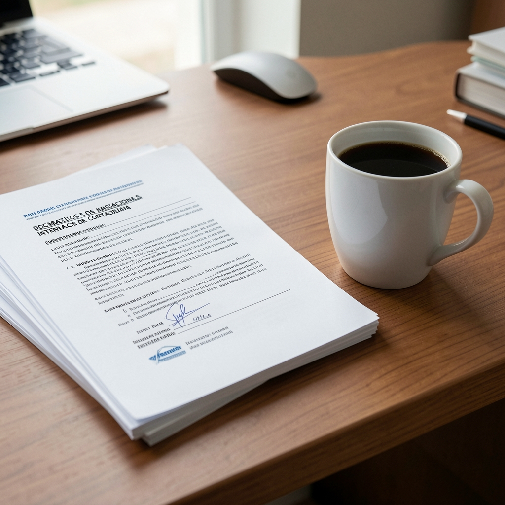 Documentos normativos internacionales de contabilidad apilados junto a una taza de café en un escritorio