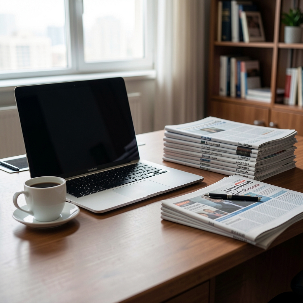 Escritorio de periodista financiero con notebook, café y periódicos económicos apilados