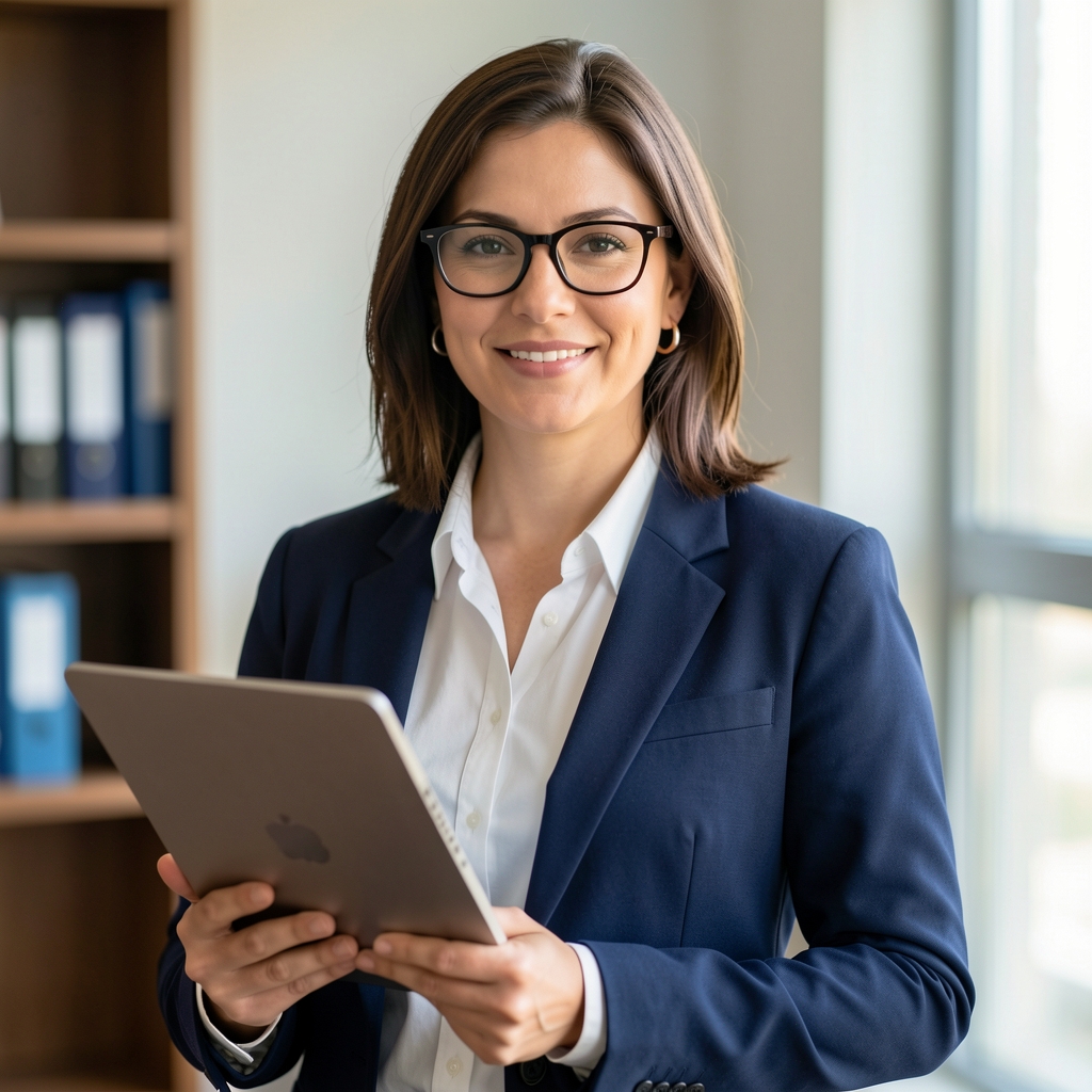 Retrato profesional de una especialista en auditoría con gafas y notebook en mano
