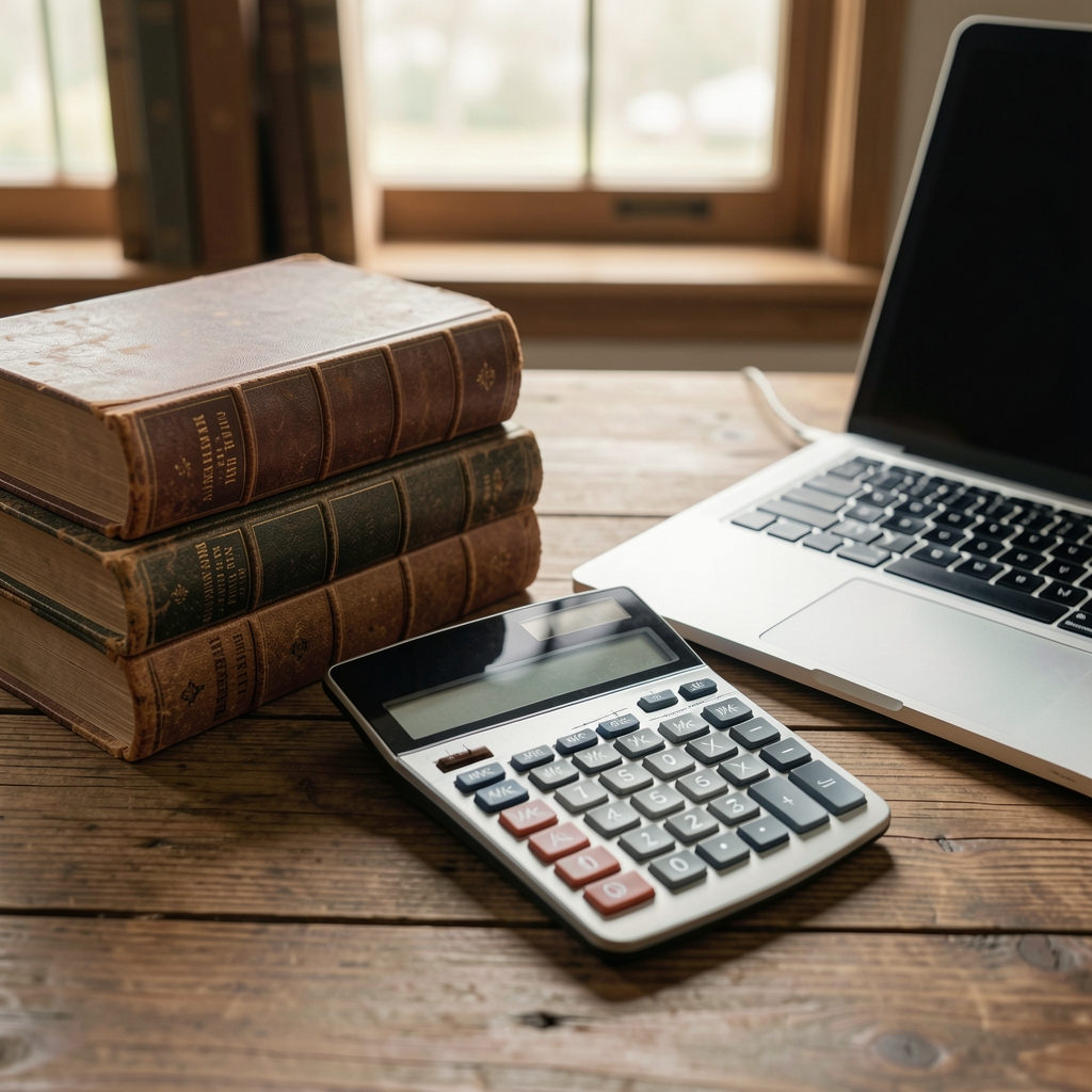Libros contables antiguos junto a una calculadora moderna y una laptop sobre un escritorio de madera