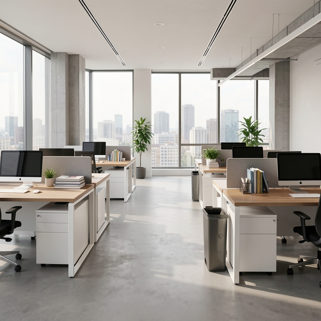 Interior de oficina corporativa minimalista con escritorios ordenados y luz natural en Buenos Aires