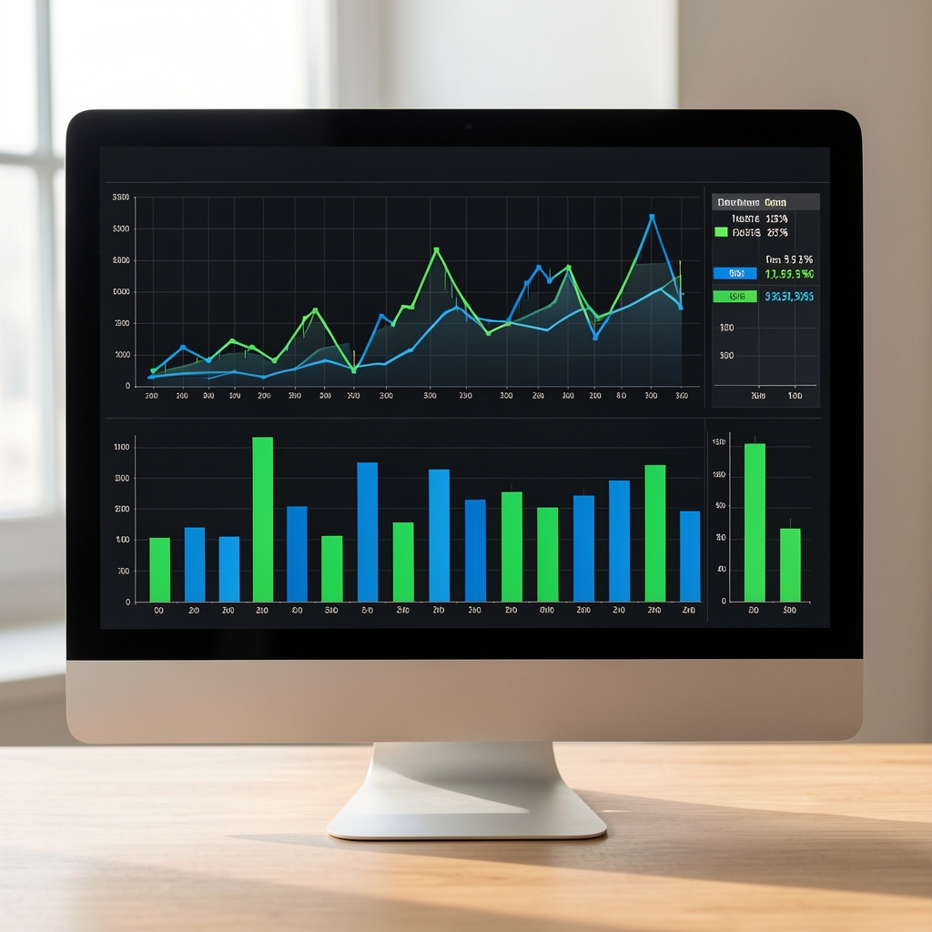 Pantalla de computadora mostrando gráficos de líneas y barras de indicadores financieros en colores verdes y azules