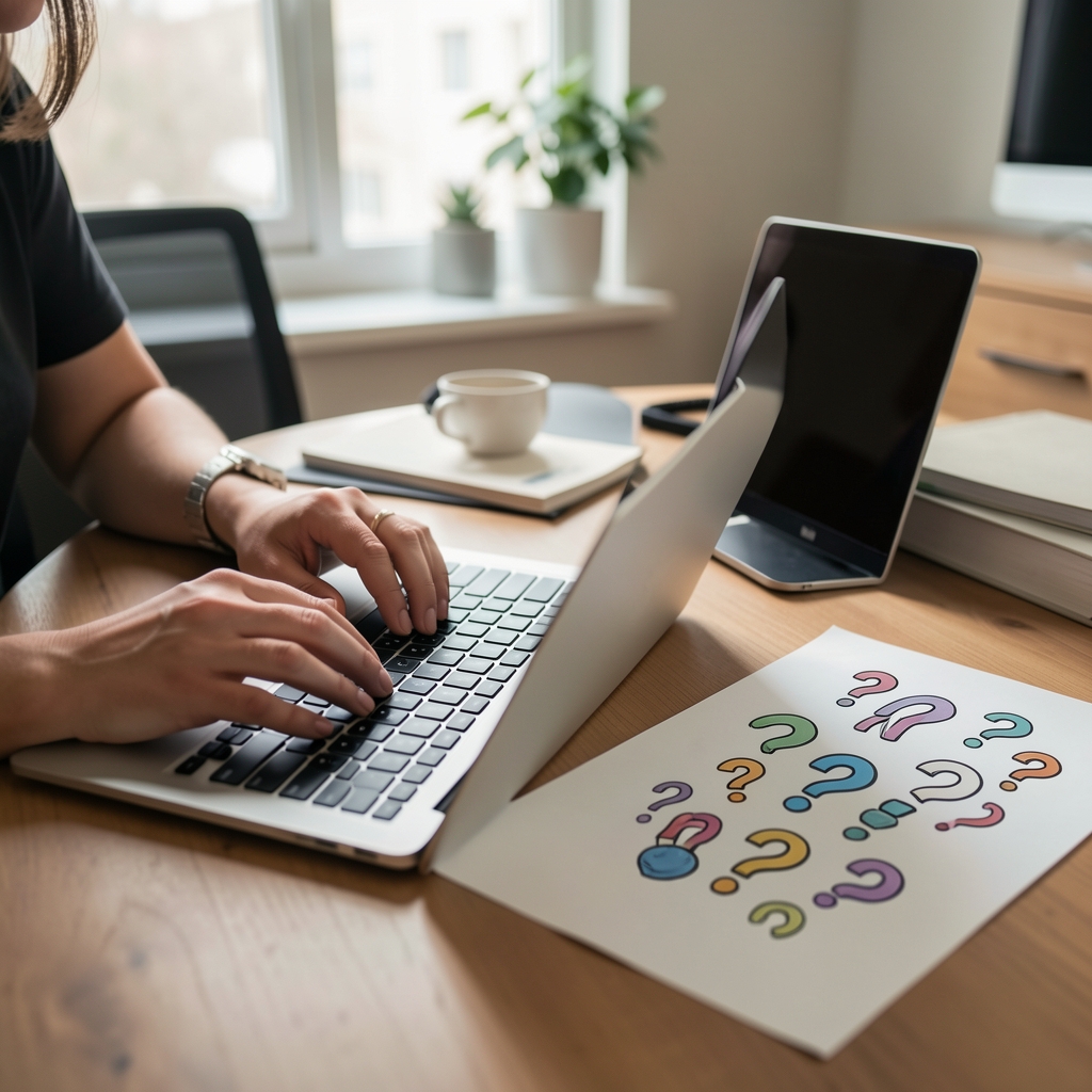 Persona escribiendo en un teclado de laptop con signos de interrogación conceptuales impresos sobre papel a un costado