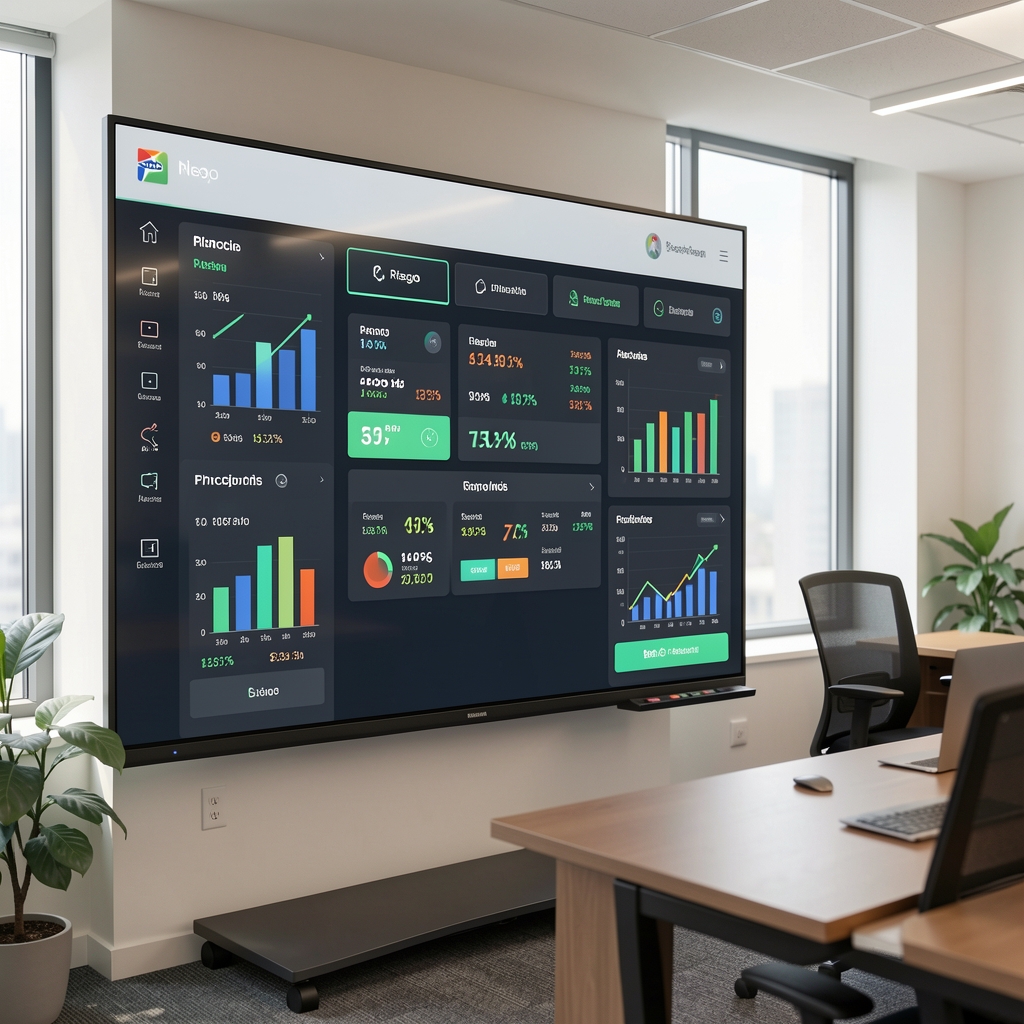 Tablero de control financiero digital con indicadores de riesgo en una pantalla grande de oficina